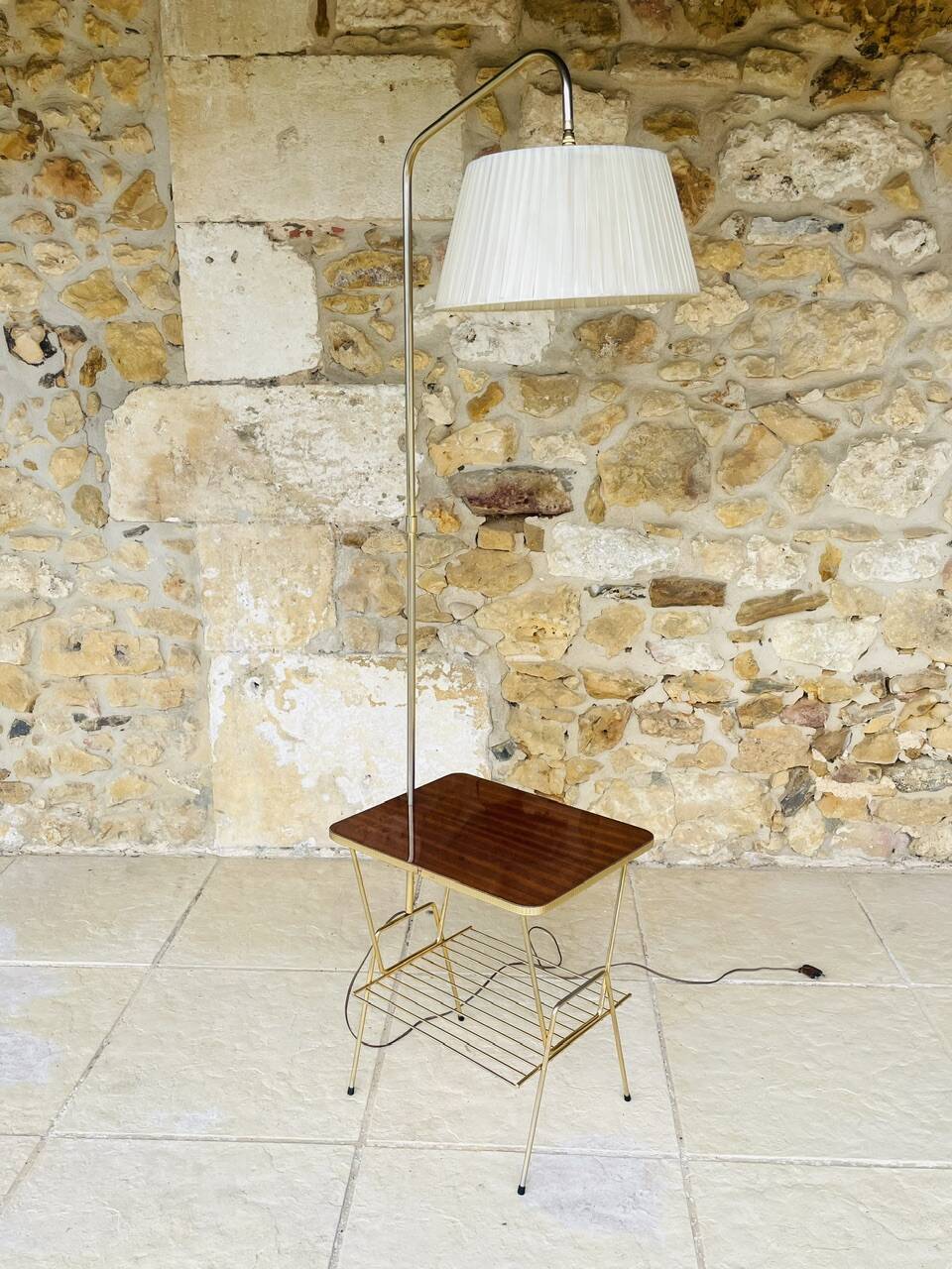 Vintage articulated floor lamp with shelf and magazine holder 1960s