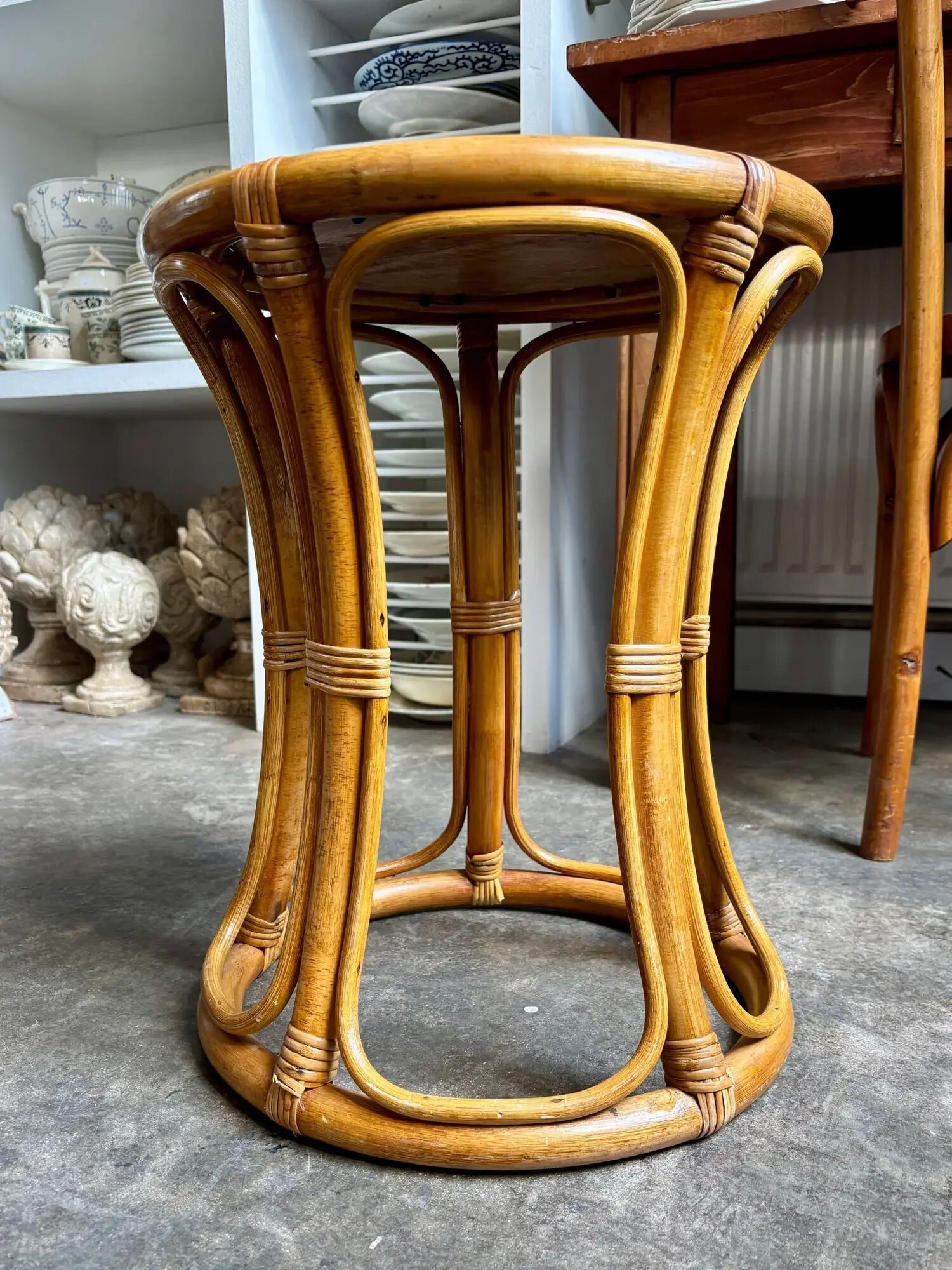 Stool, side table in rattan and caning