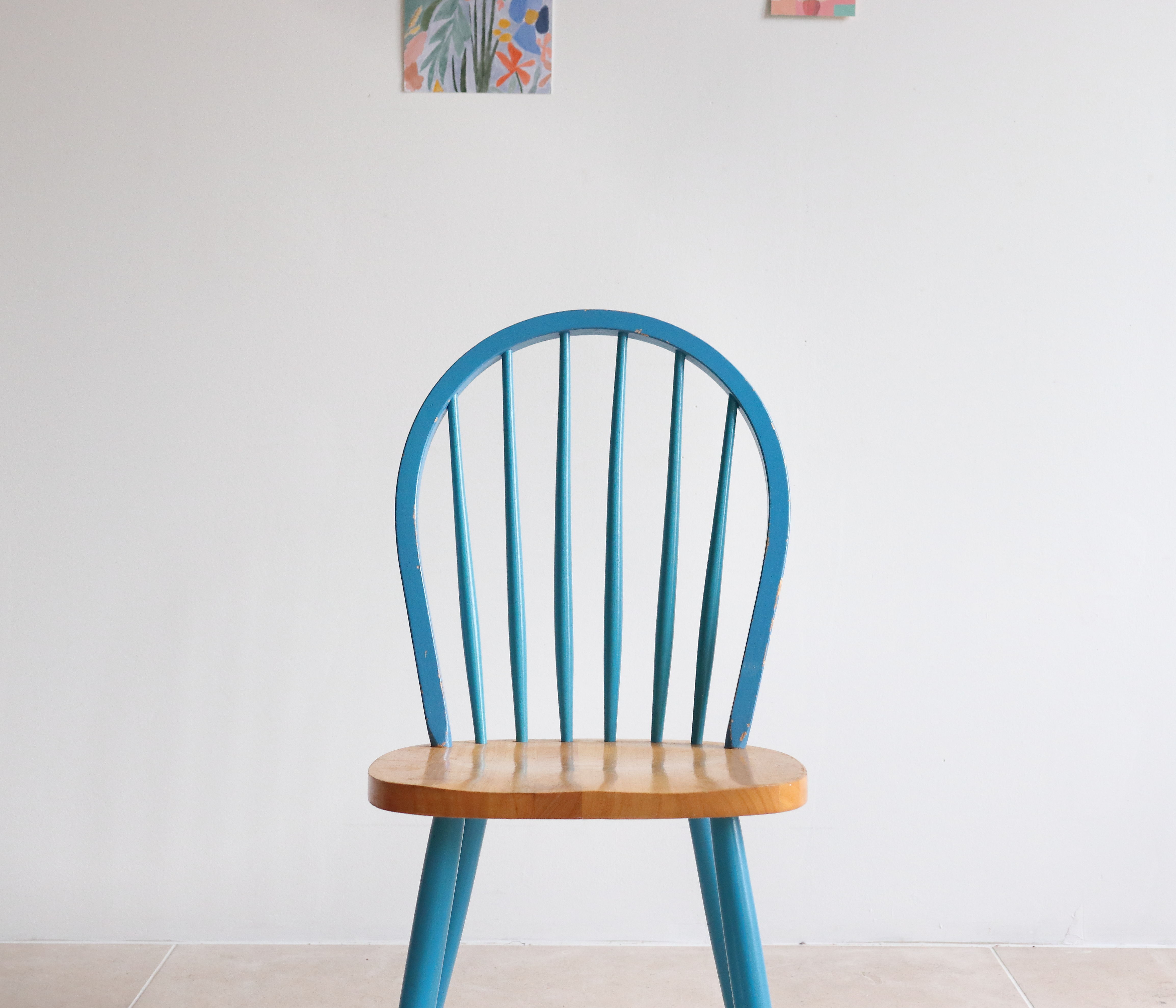 Pair of vintage Scandinavian Windsor chairs with blue bars