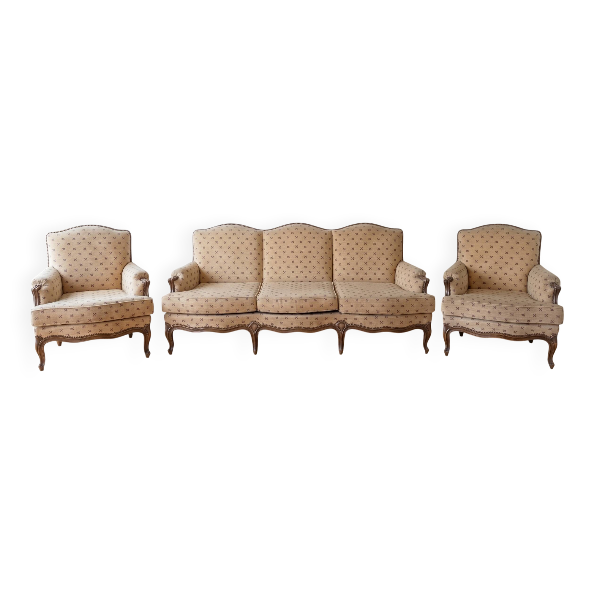 Regency style living room set: 3-seater sofa and 2 armchairs.
