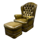 Original English Chesterfield Wingback Chair & Footstool -Retro Green