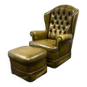 Original English Chesterfield Wingback Chair & Footstool -Retro Green