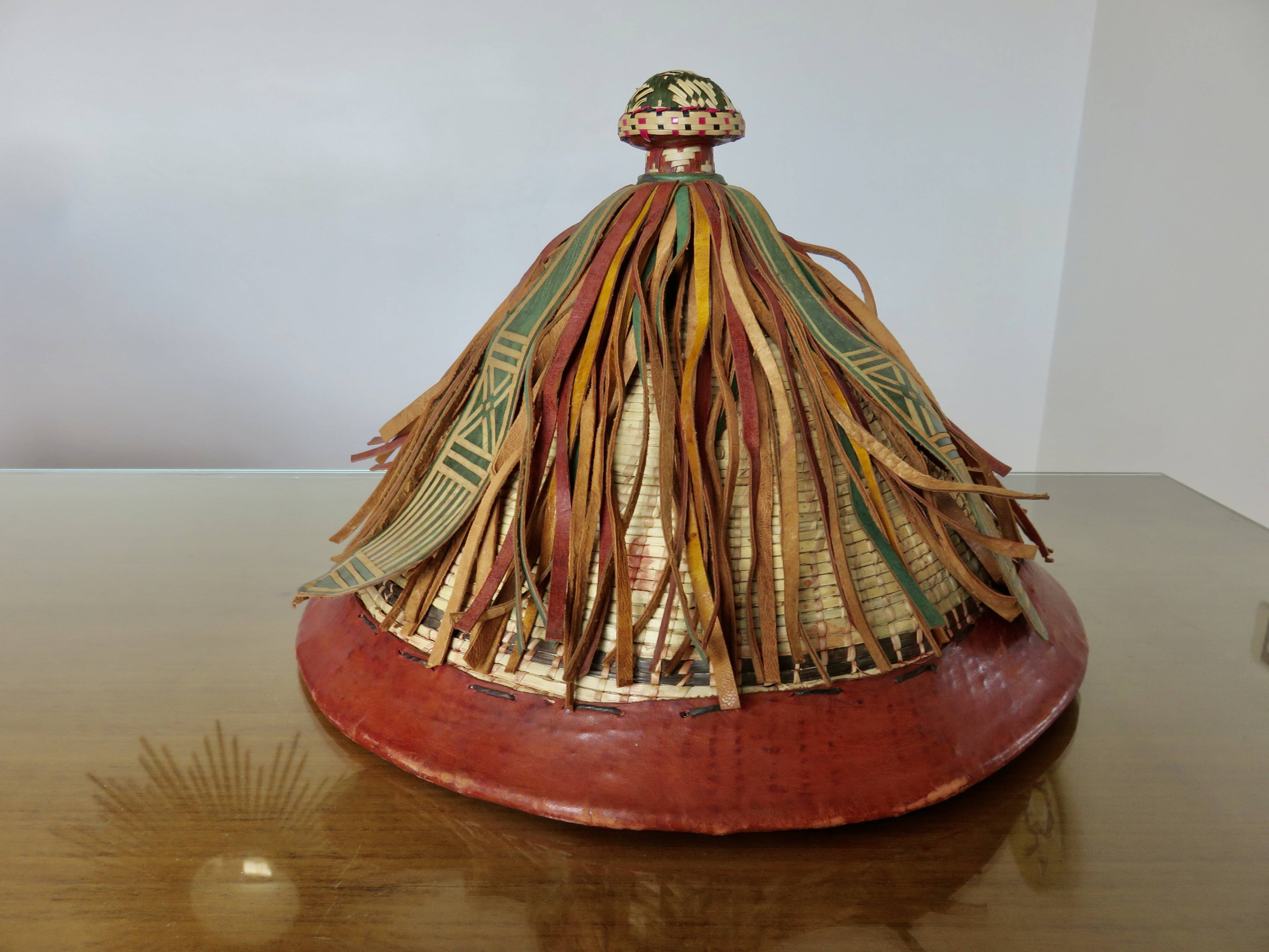 African conical hat, Fulani, in leather and braided rope, 1900s