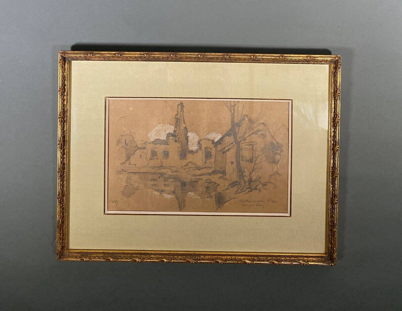 Drawing on paper by Léon Broquet Chatillon-sur-Morin Marne 1914