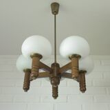 Vintage pendant lam rustic hanging mushroom chandelier wooden light 1970s