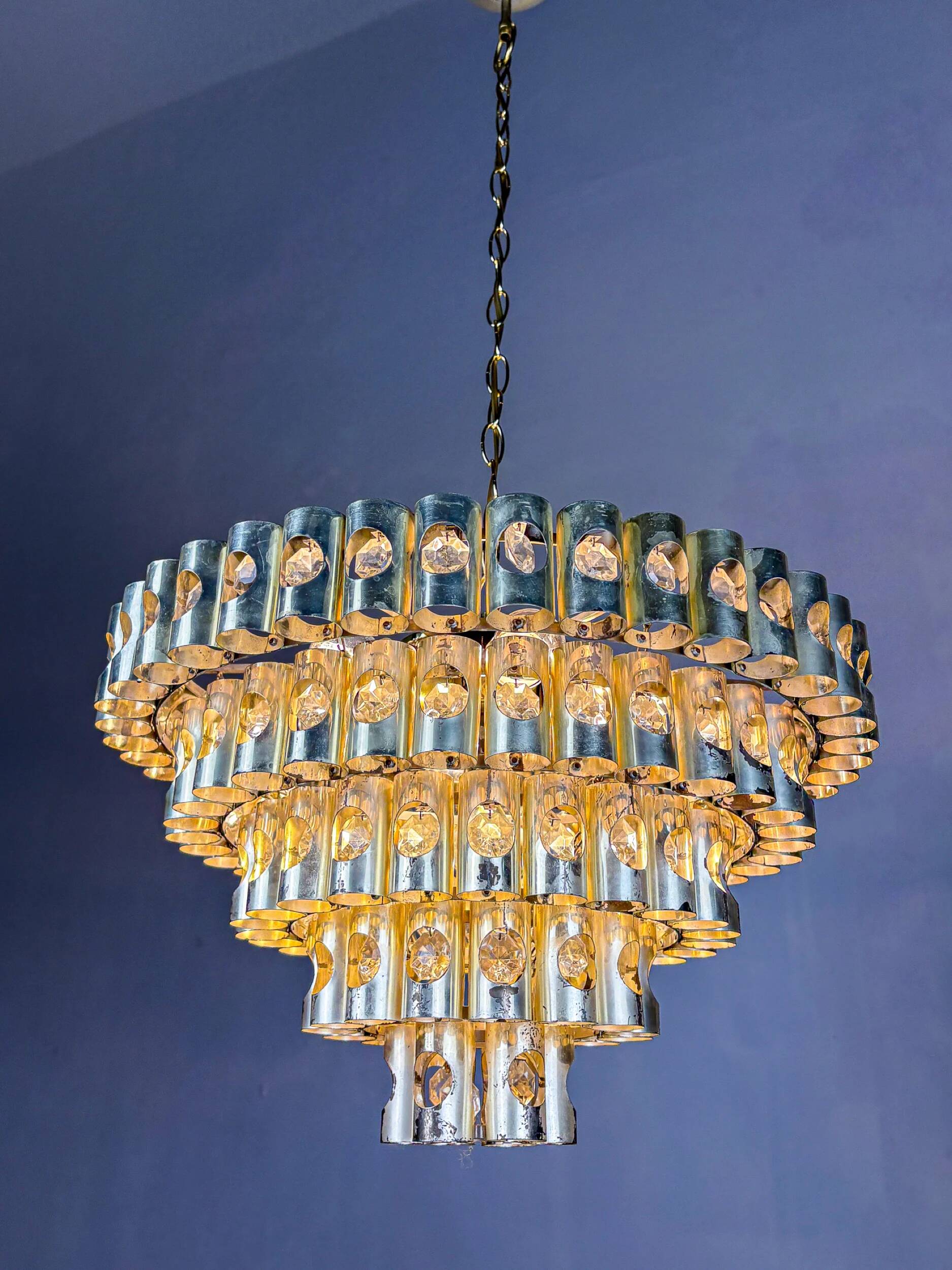 Gaetano Sciolari 5-tier chandelier, brass & crystal, Italy, 1970s