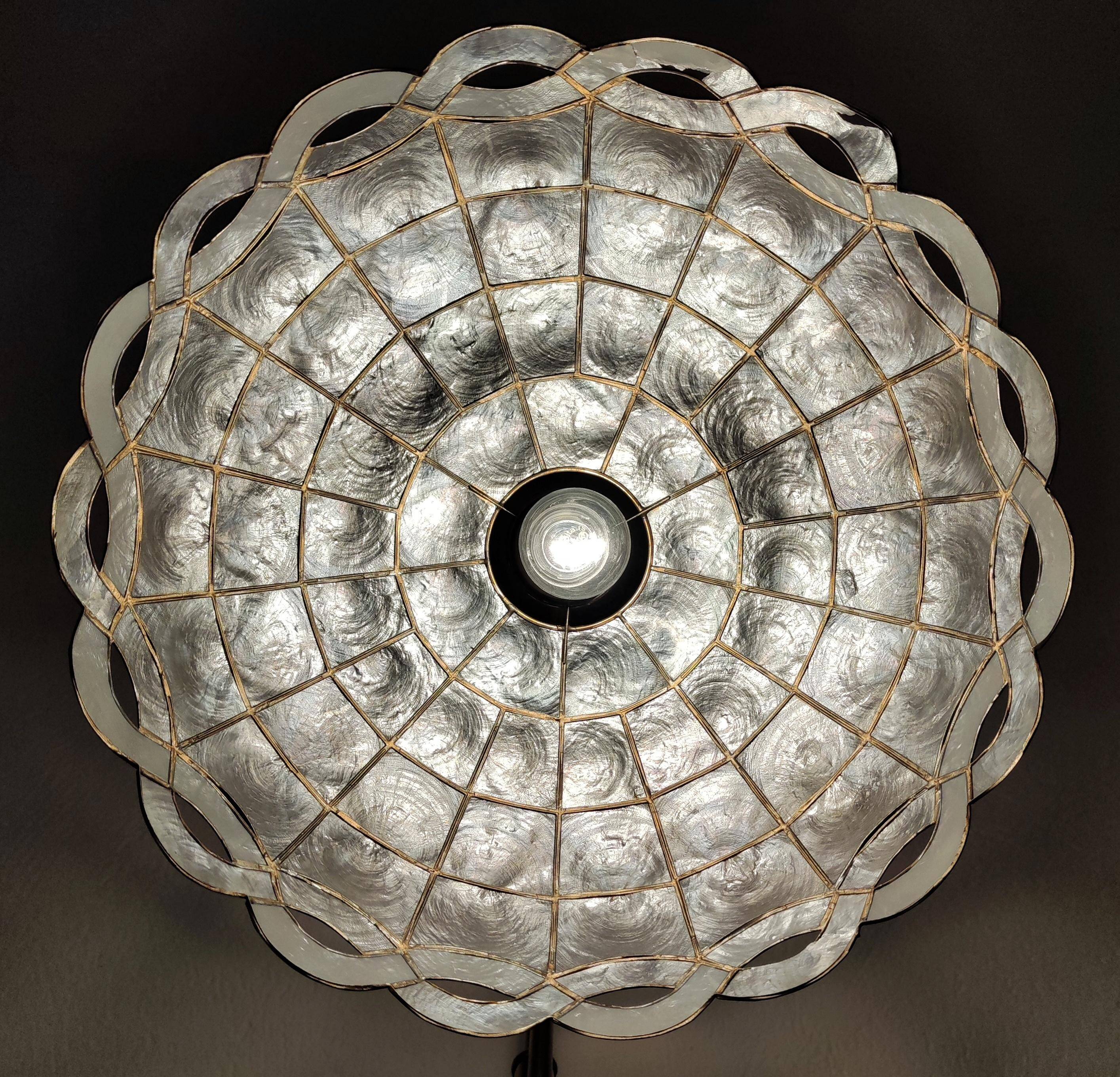 Mid Century Modern brass floor lamp with Capiz shell shade 1970s