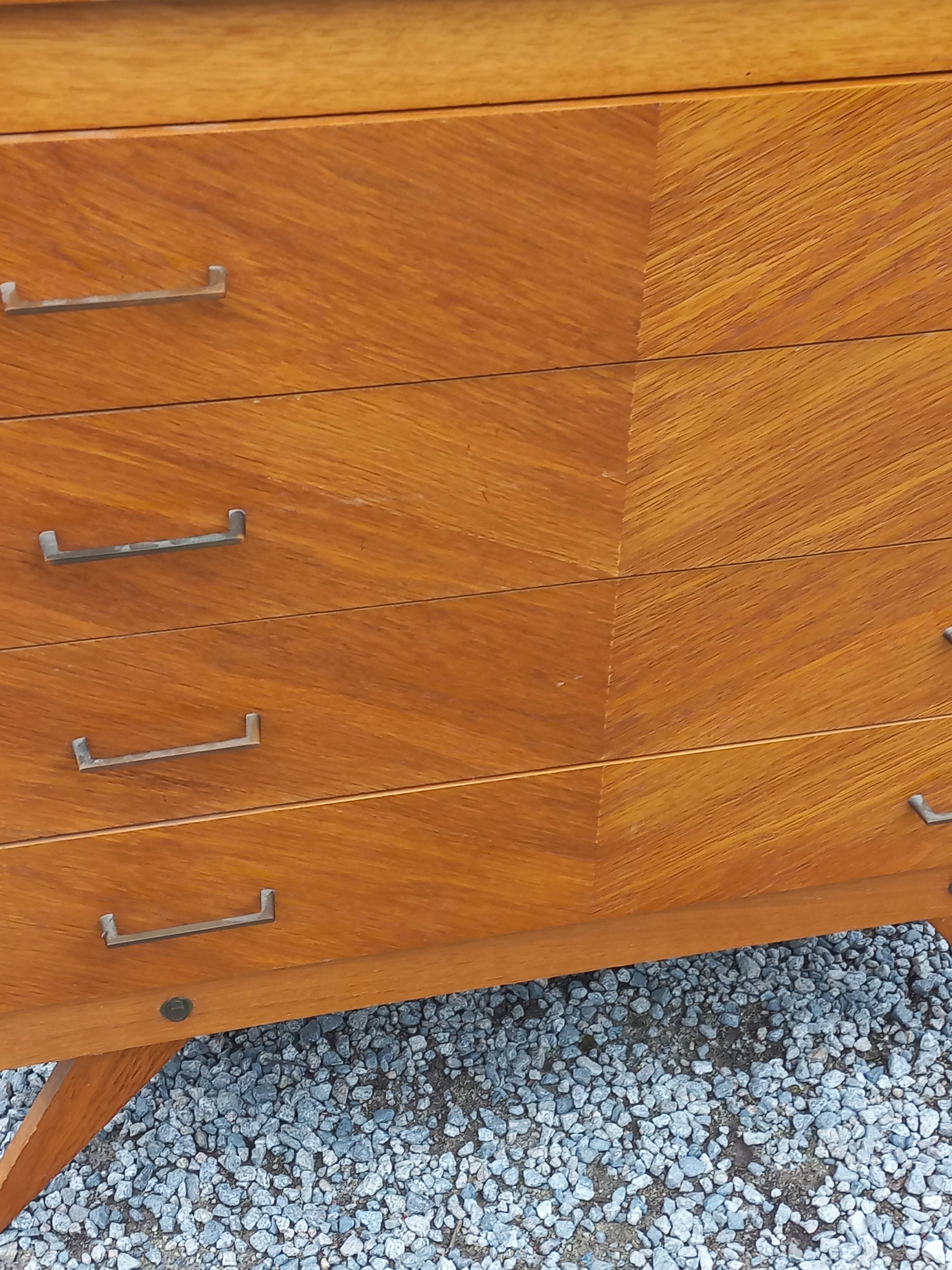 Vintage chest of drawers in blond and golden oak, compass legs and 4 drawers, 1950s