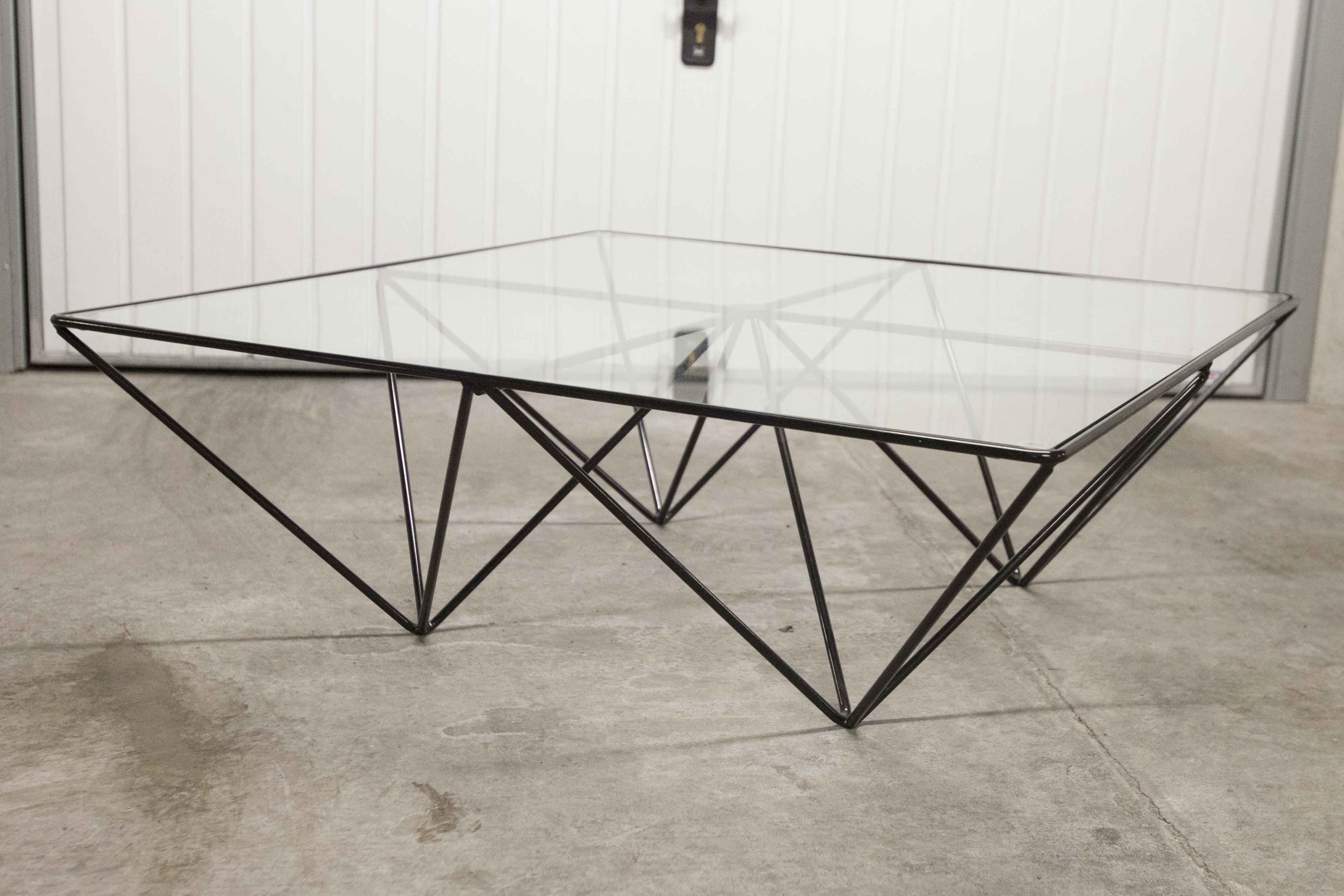 Square coffee table in glass and black satin metal 1980