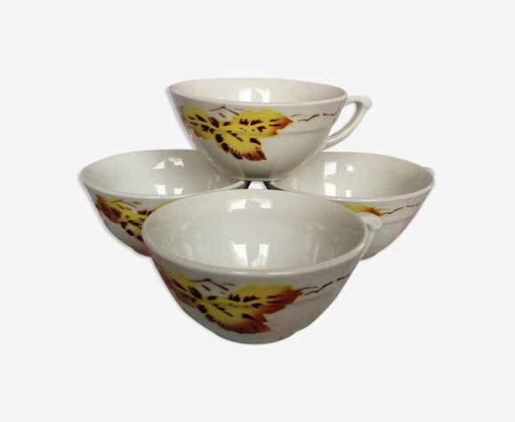 Lot de 4 tasses anciennes Motif feuilles de chêne jaune vintage
