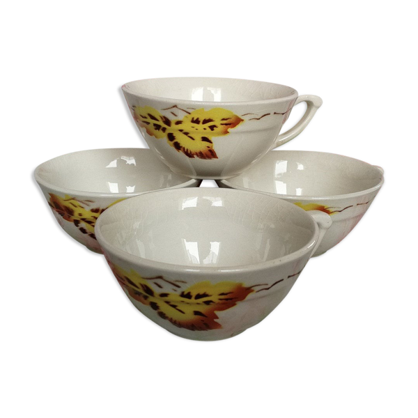 Lot de 4 tasses anciennes Motif feuilles de chêne jaune vintage