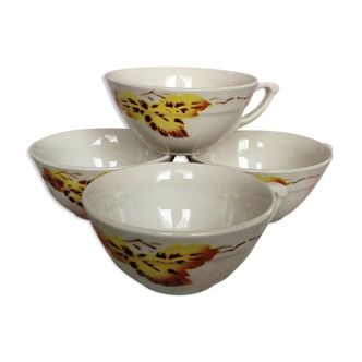 Lot de 4 tasses anciennes Motif feuilles de chêne jaune vintage