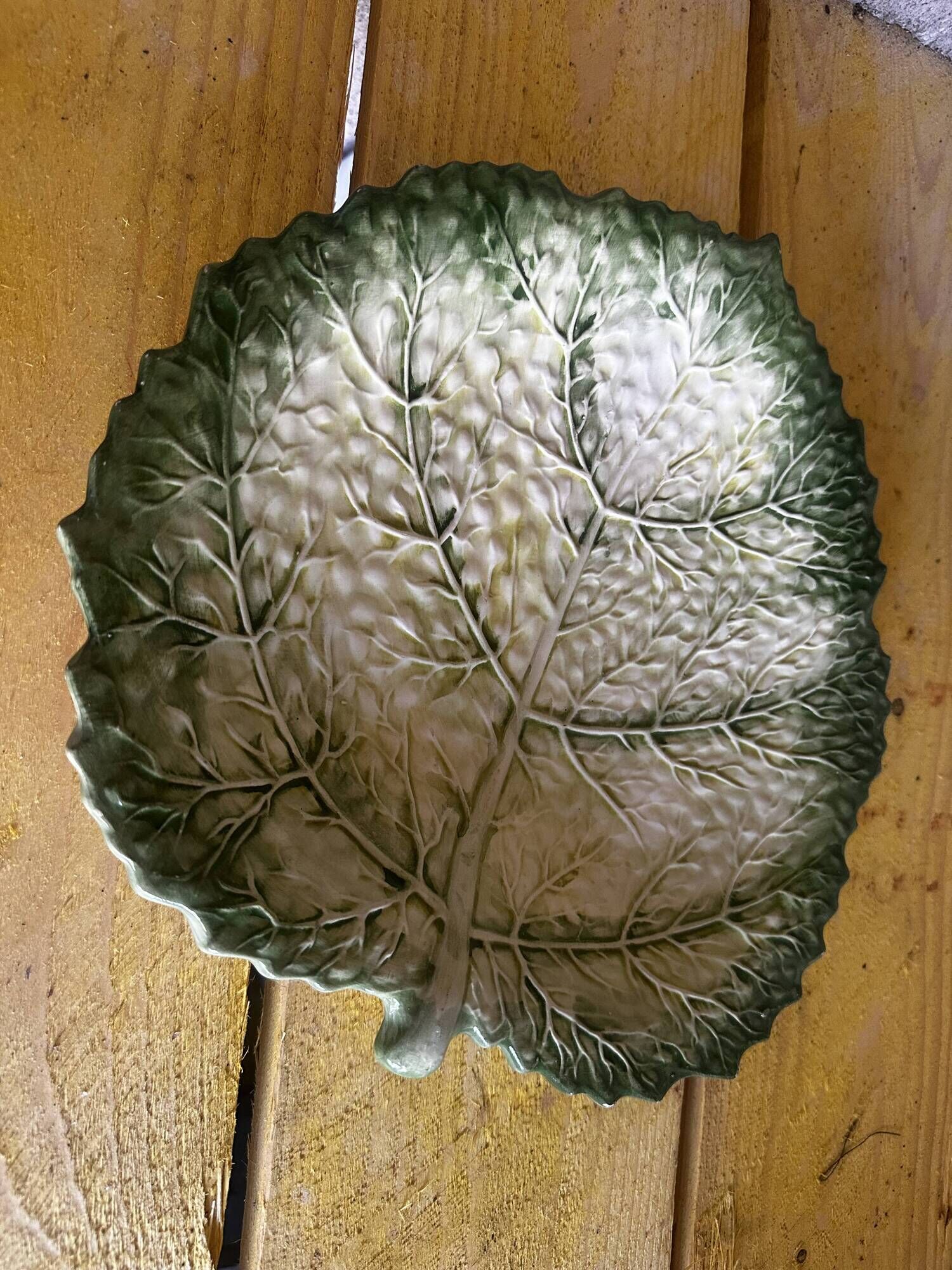 Empty Pocket / Basket / Ceramic Dish Barbotine Cabbage Leaf signed GV
