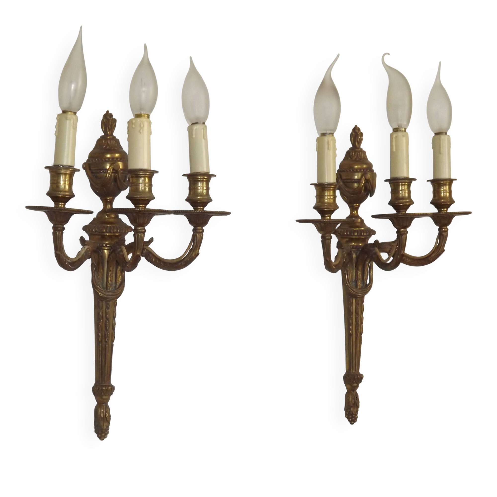 Magnificent Pair French Antique Bronze Triple Wall Lights Urn & Swag Detail