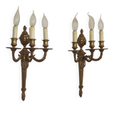 Magnificent Pair French Antique Bronze Triple Wall Lights Urn & Swag Detail