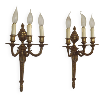 Magnificent Pair French Antique Bronze Triple Wall Lights Urn & Swag Detail
