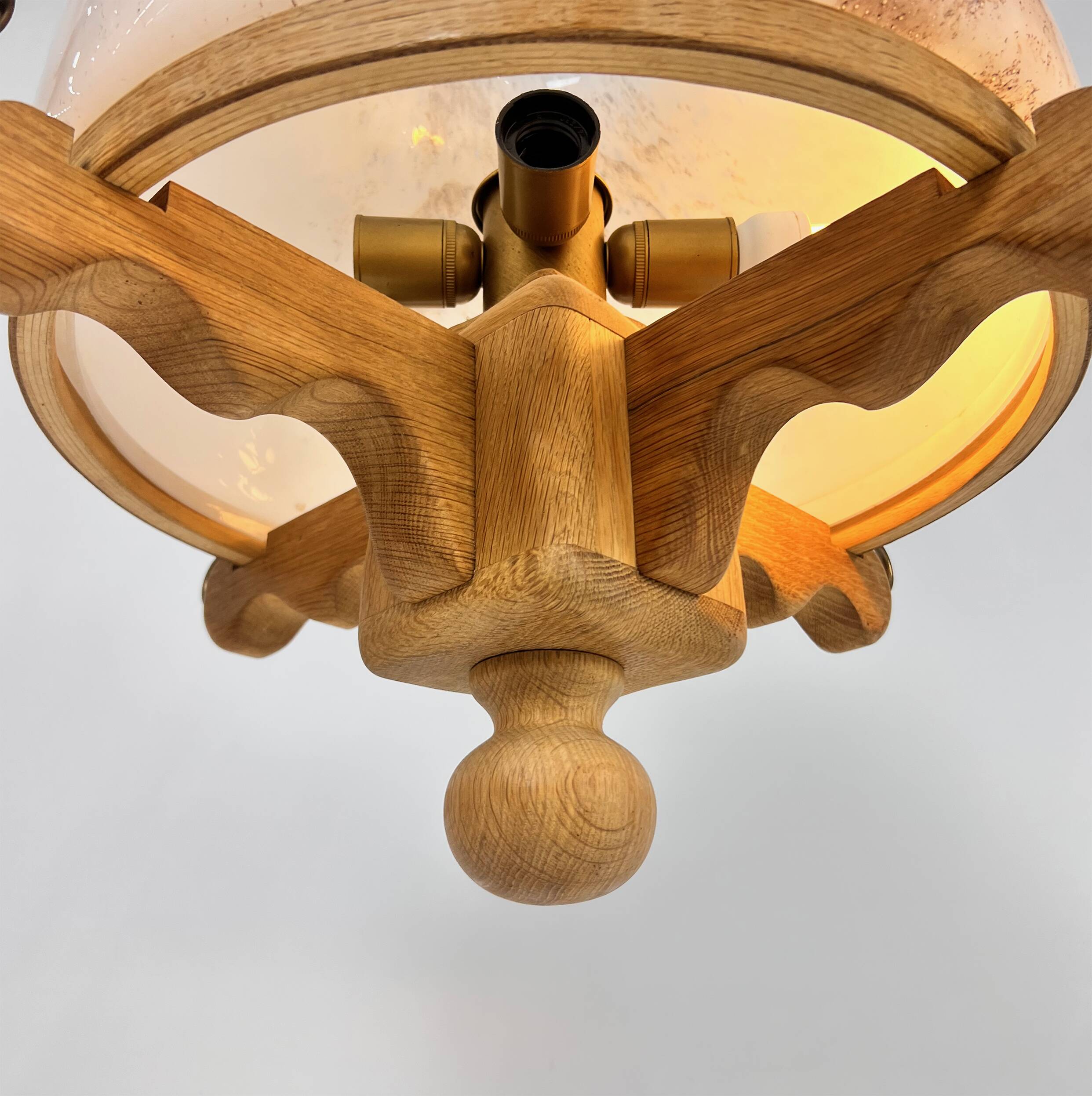 Large brutalist oak and marbled glass pendant, 1960s