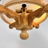 Large brutalist oak and marbled glass pendant, 1960s