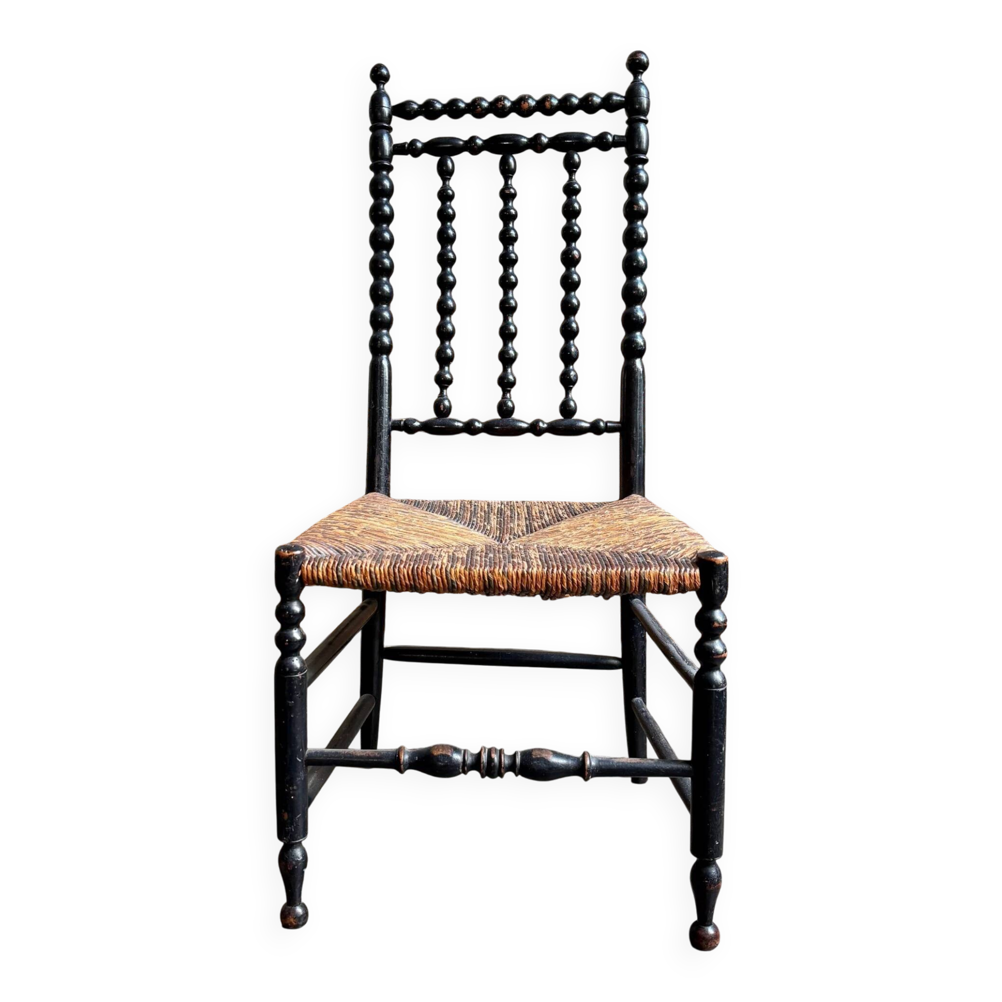 Low chair, Napoléon III child in blackened wood and woven straw.