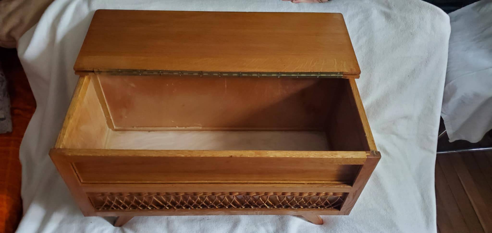 Vintage 1970s wooden and rattan toy chest
