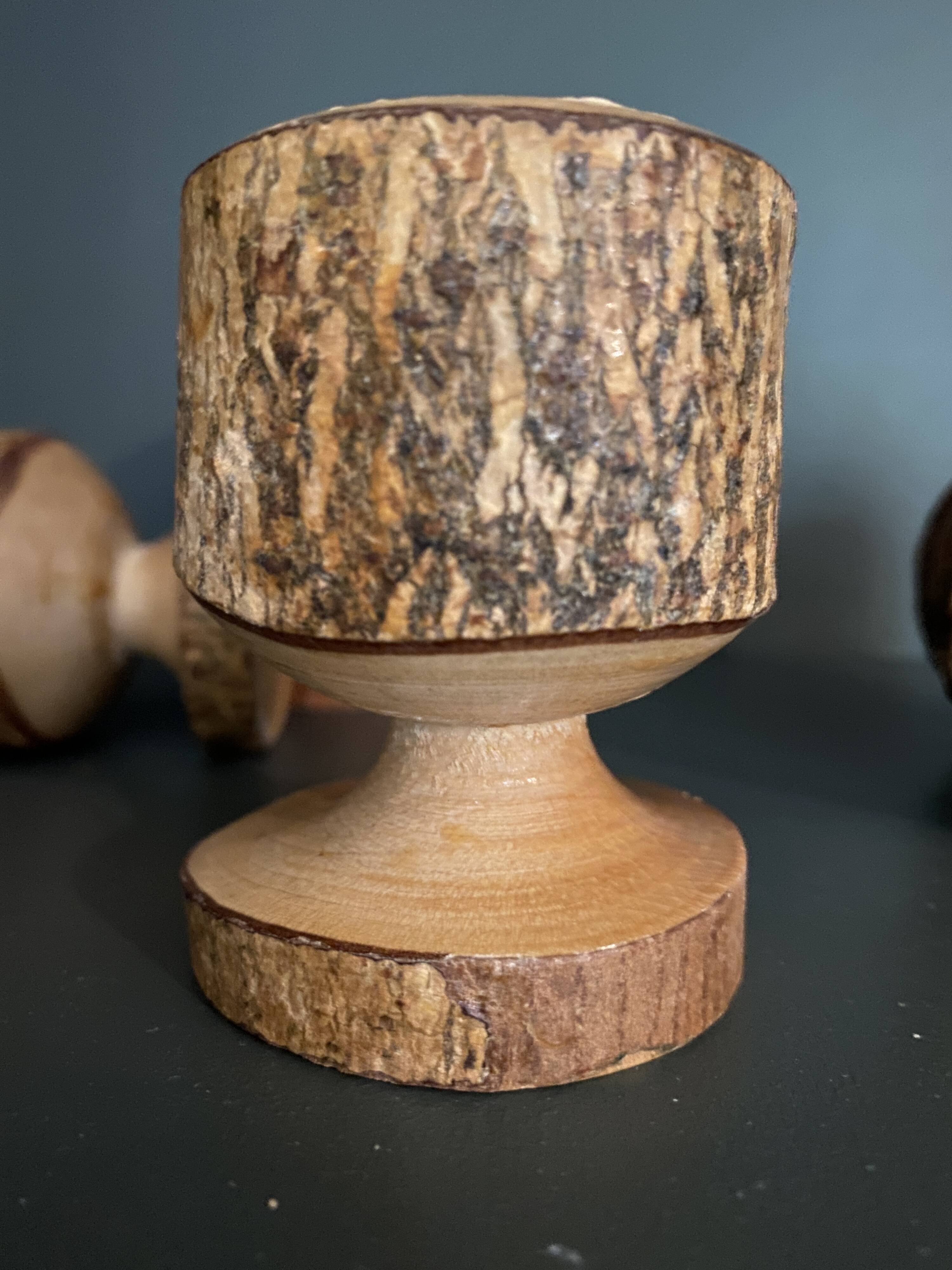Brutalist egg cups in vintage raw solid wood