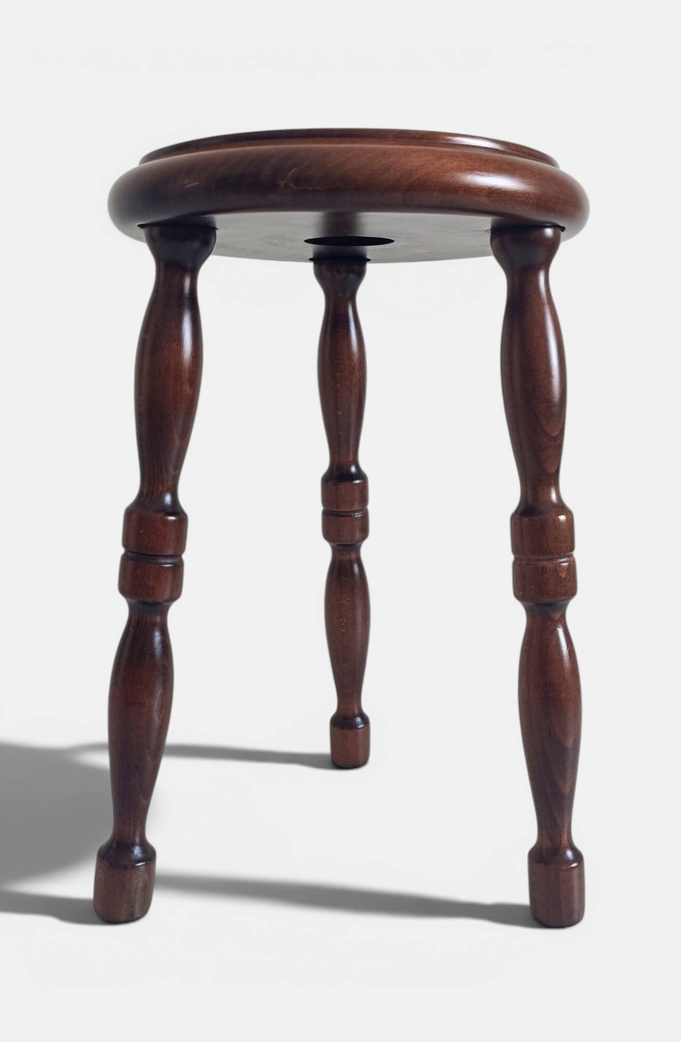 French Turned Chestnut Wood Stool or Side Table, Mid-20th Century