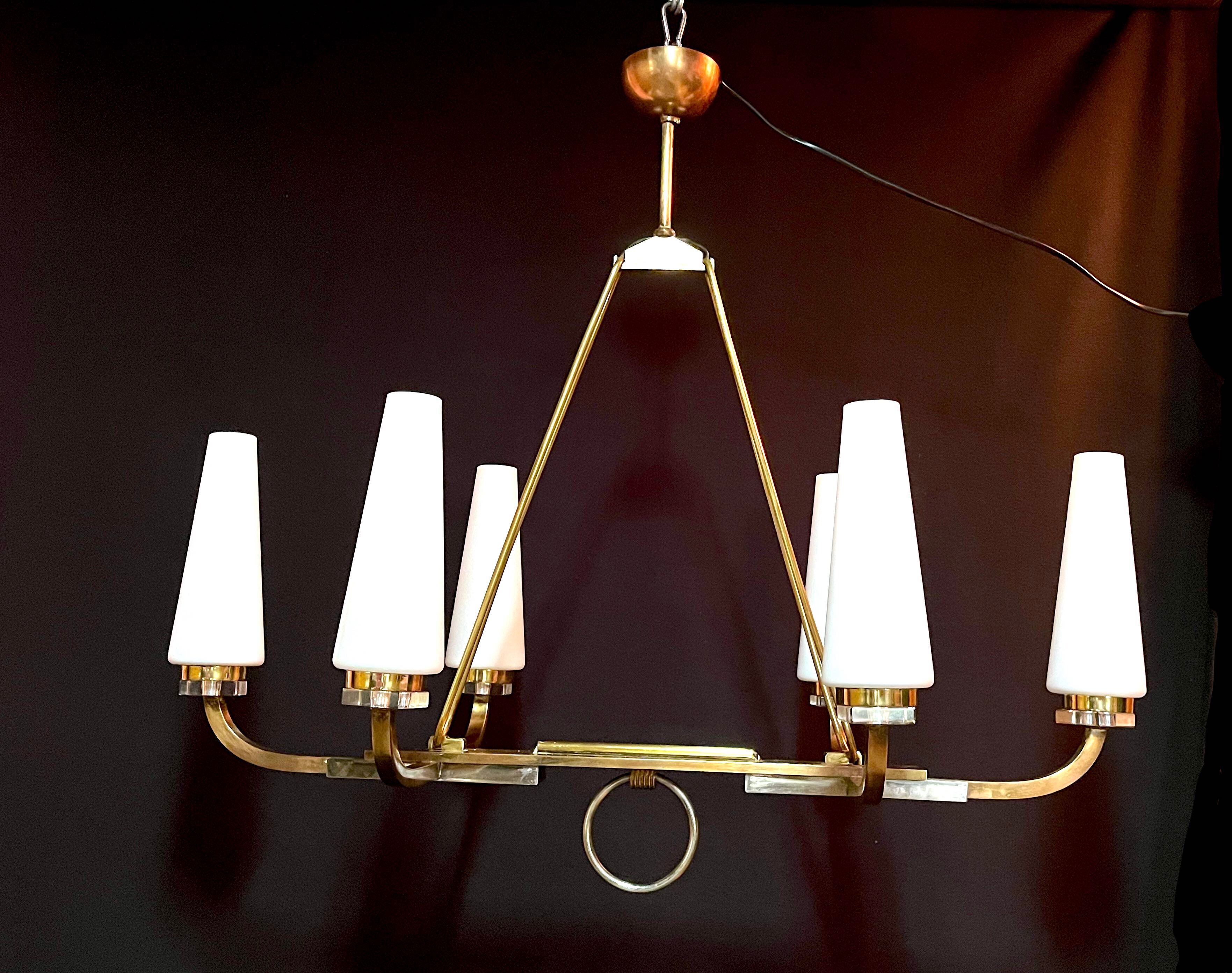 Maison Lunel certified bronze chandelier, six conical opalines, mid-century France