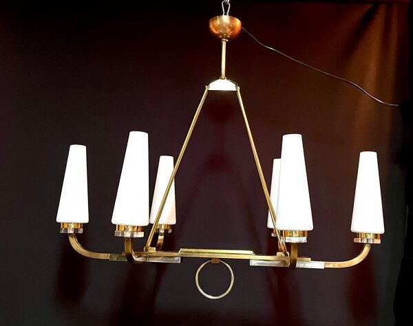 Lustre bronze certifié Maison Lunel six opalines coniques, France mid-century