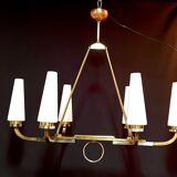 Maison Lunel certified bronze chandelier, six conical opalines, mid-century France
