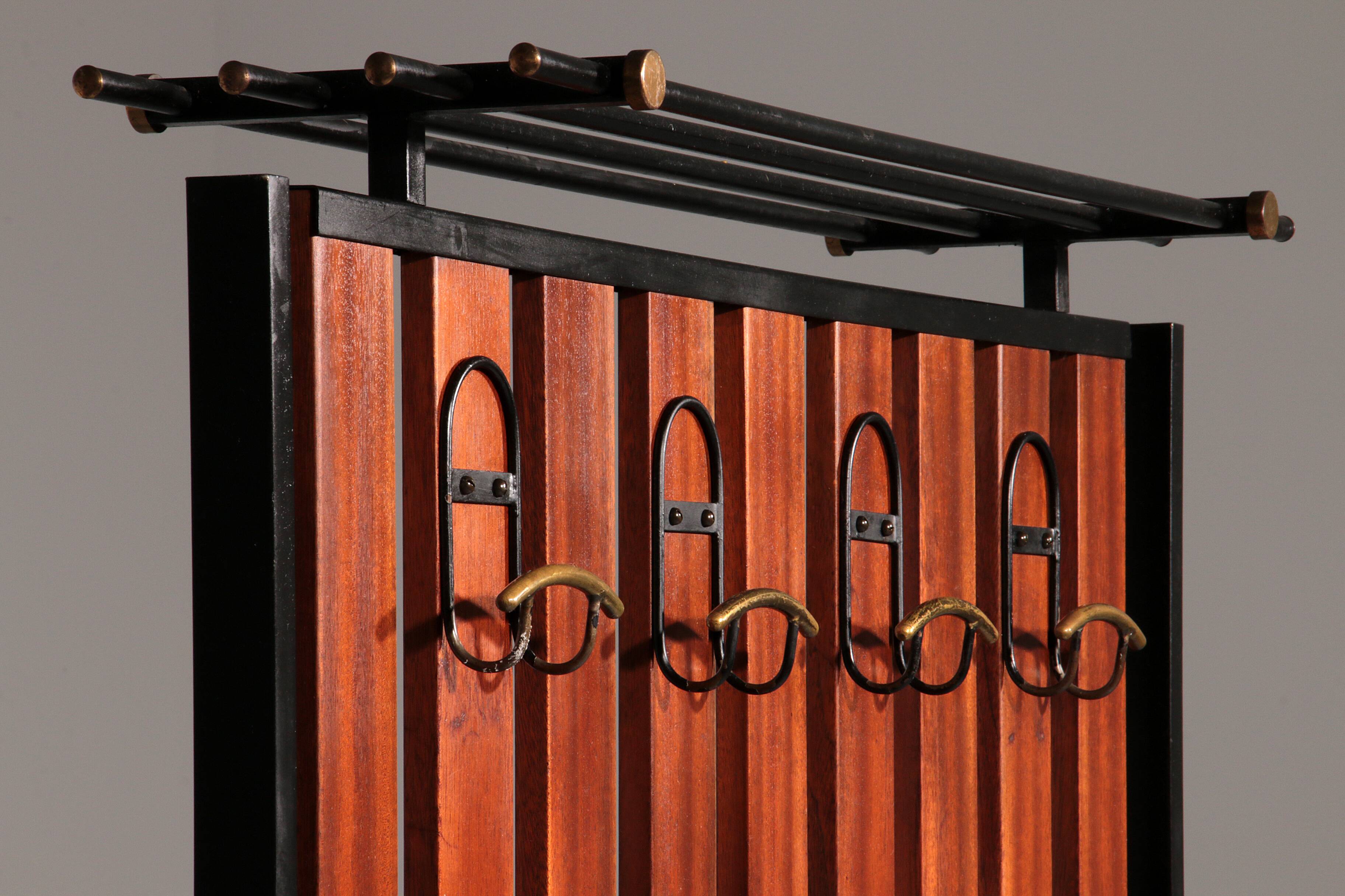 Italian Vintage Elegance – Brass and Teak Wall Clothes Hanger from the 1950