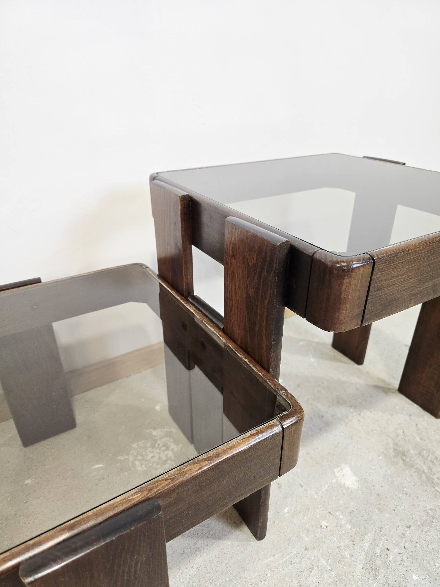 1970s Meblo Frattini Nesting Tables with Smoked Glass