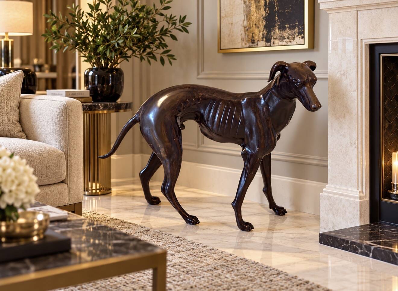 Monumental Bronze Statue of an Italian Greyhound / Whippet – Large Antique Sculpture Representing a Dog