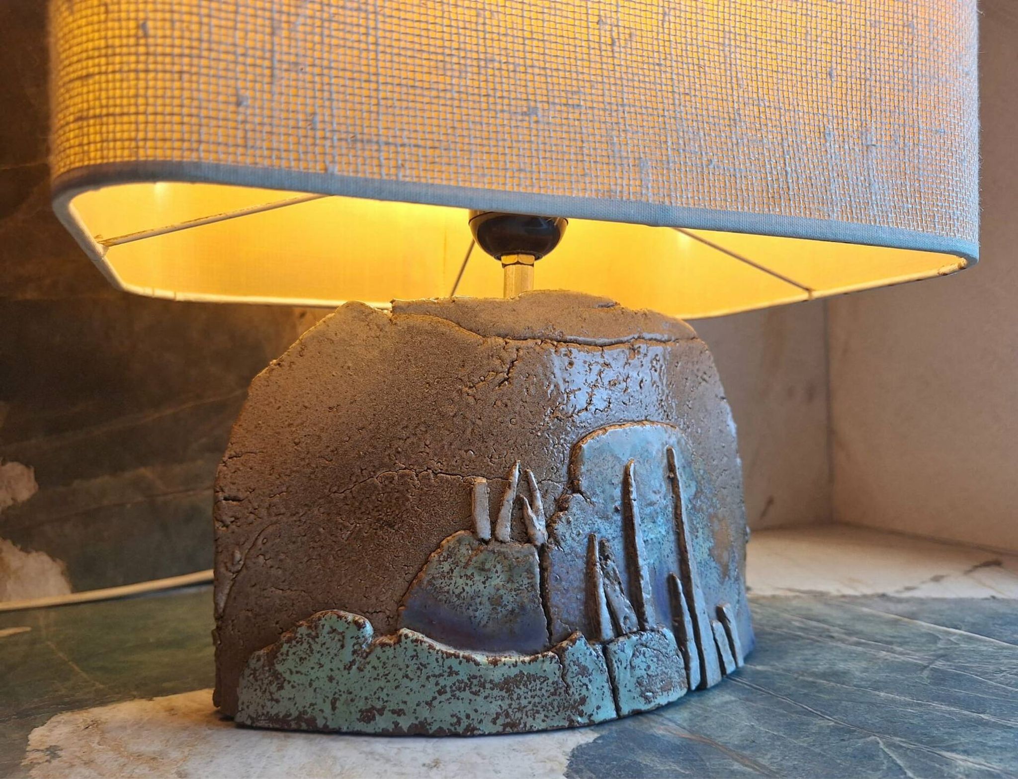 Vintage ceramic lamp signed, antique light fixture.