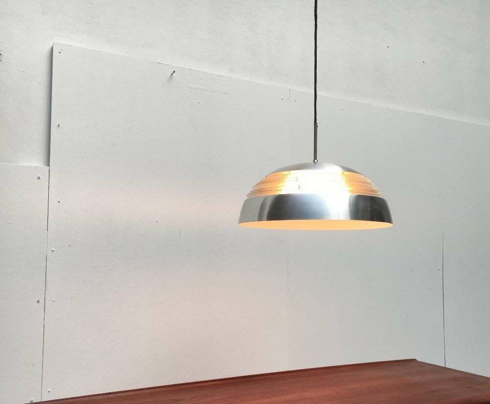 German pendant lamp in aluminium and glass from the Mid-Century space by Doria, 1960s.