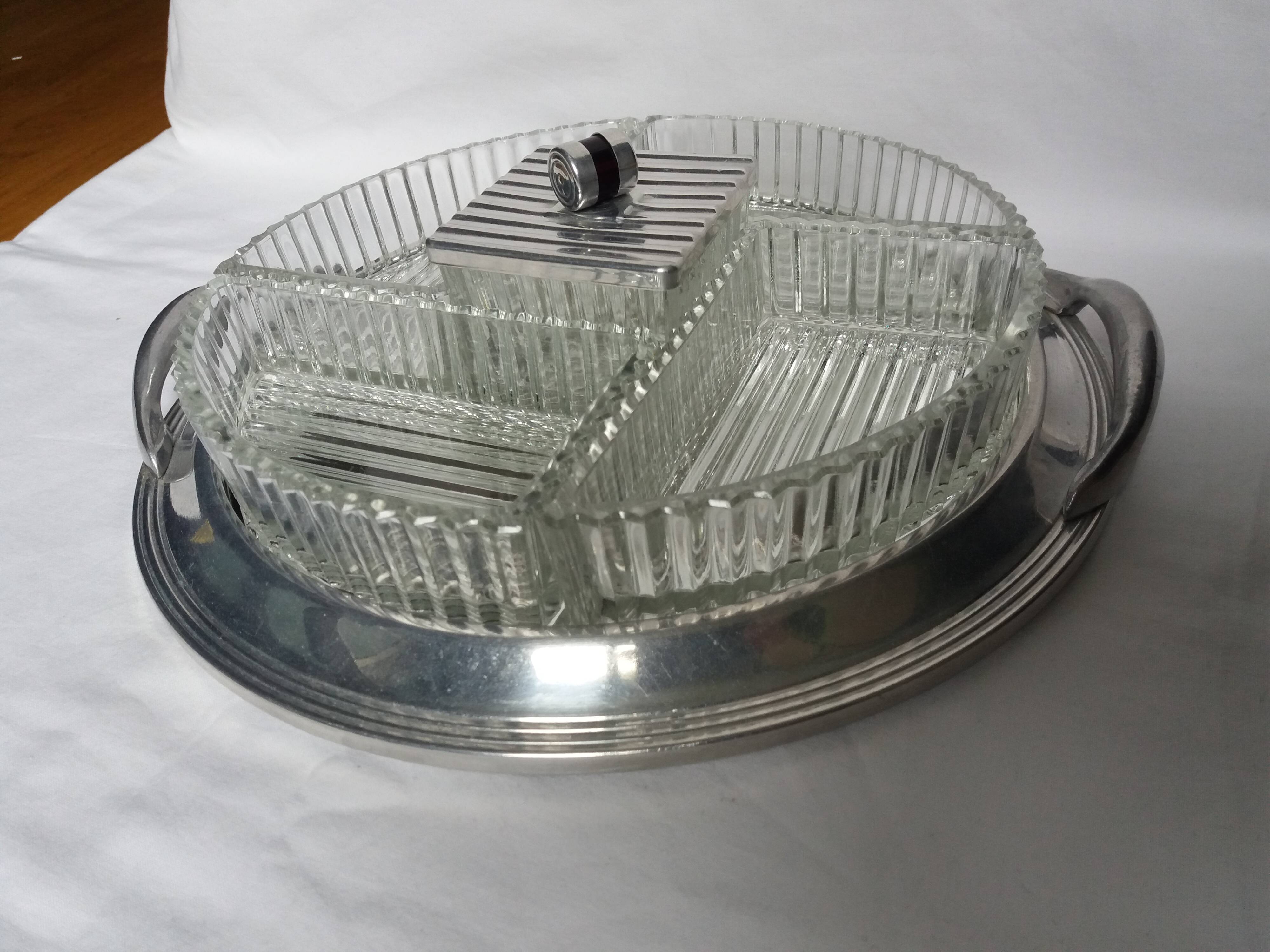 Appetizer tray with cups and Art Deco mirror tray
