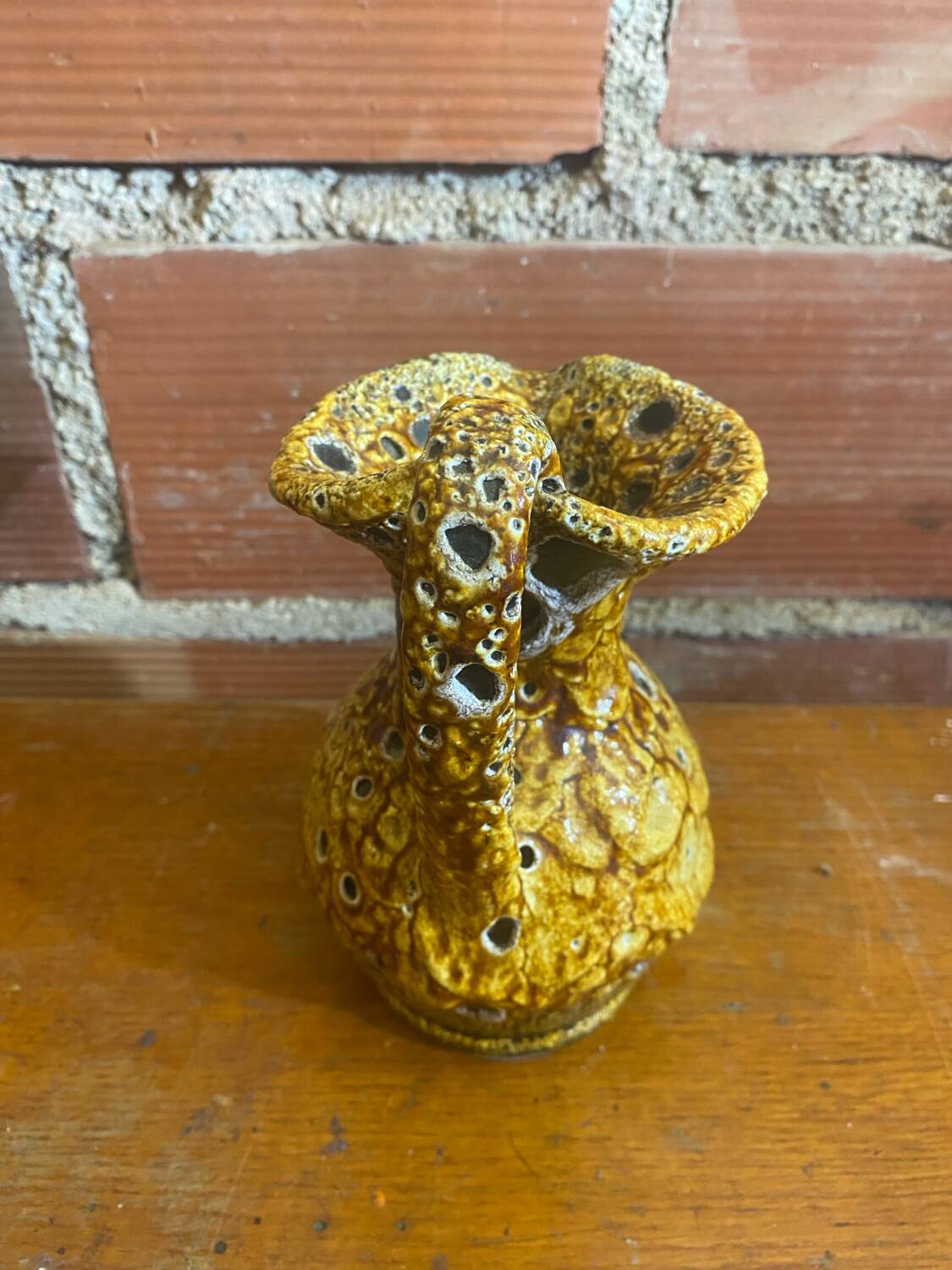 Antique pitcher cyclops enamels honey yellow vallauris fat lava vintage