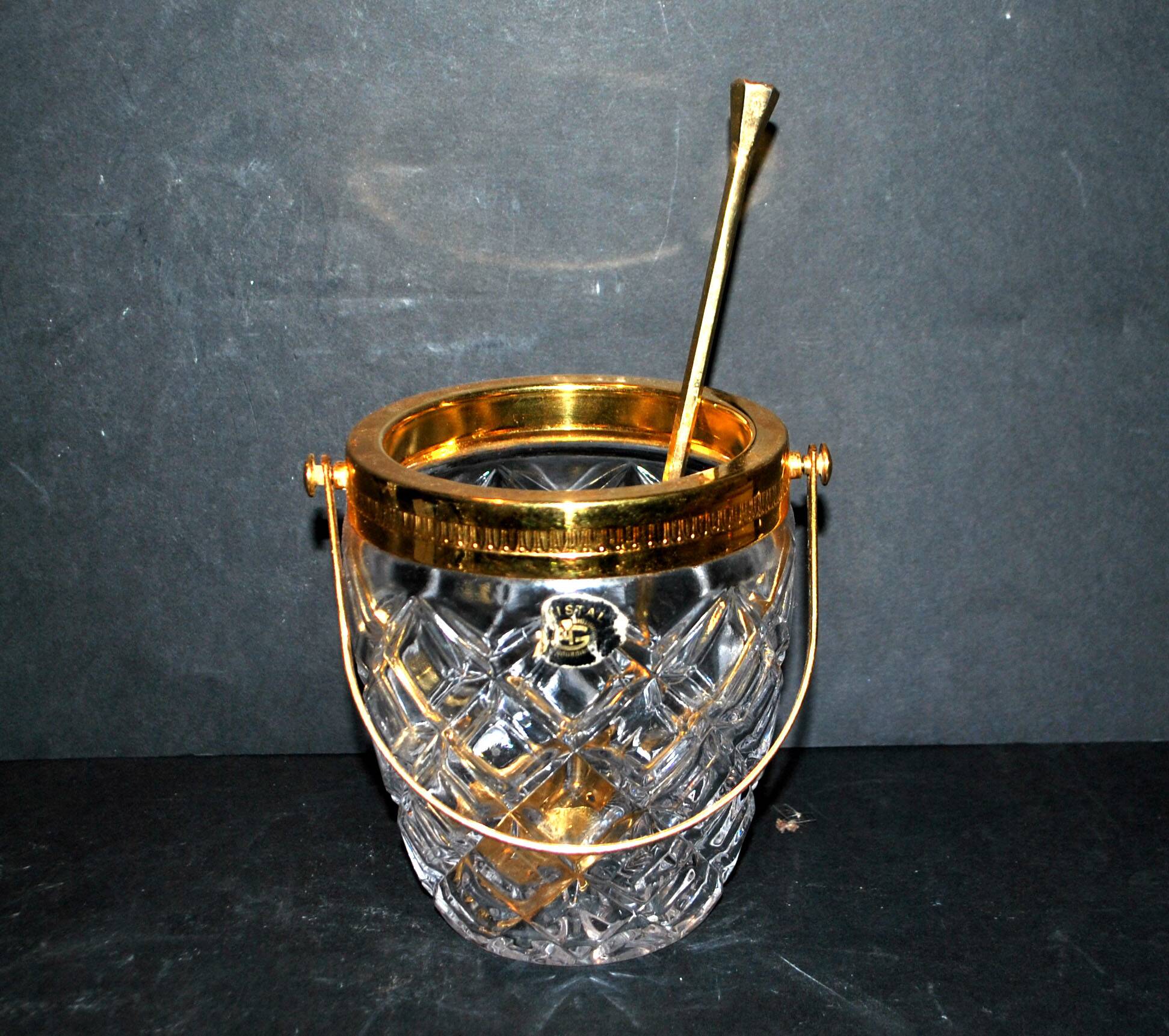 Vintage crystal ice bucket and gold frame "cristal ga" and cocktail ice cube spoon