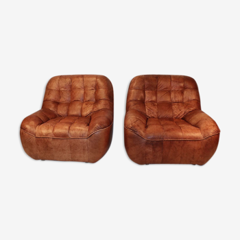 Paire de fauteuils vintage en cuir patchwork 1970
