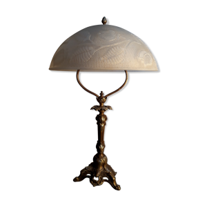 lampe bronze doré  abat jour verre epais 8ml  motif fleural art nouveau  art deco