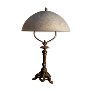 Lampe bronze doré  abat jour verre