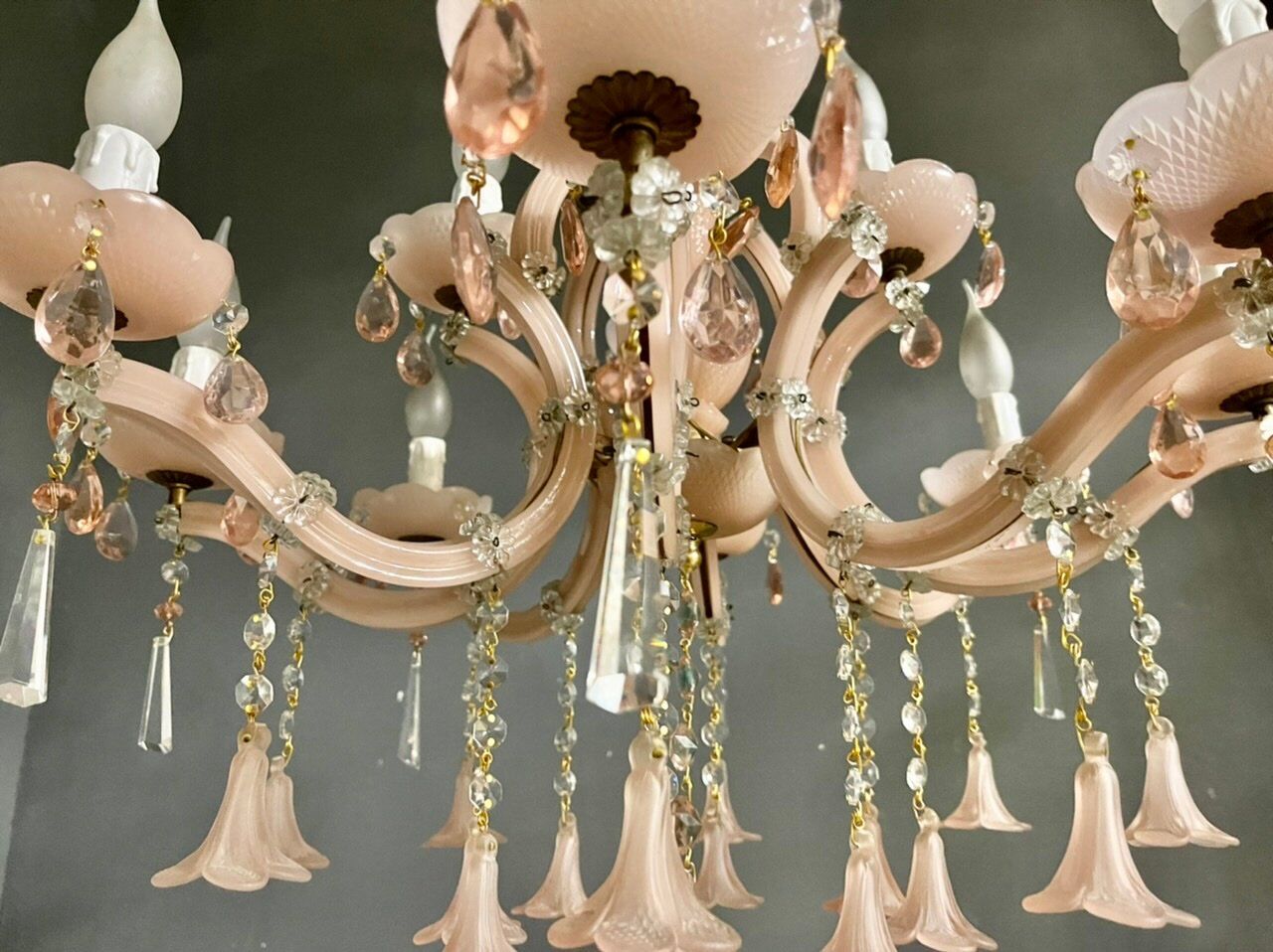 Vintage Italian Pink Opaline Murano Glass Chandelier