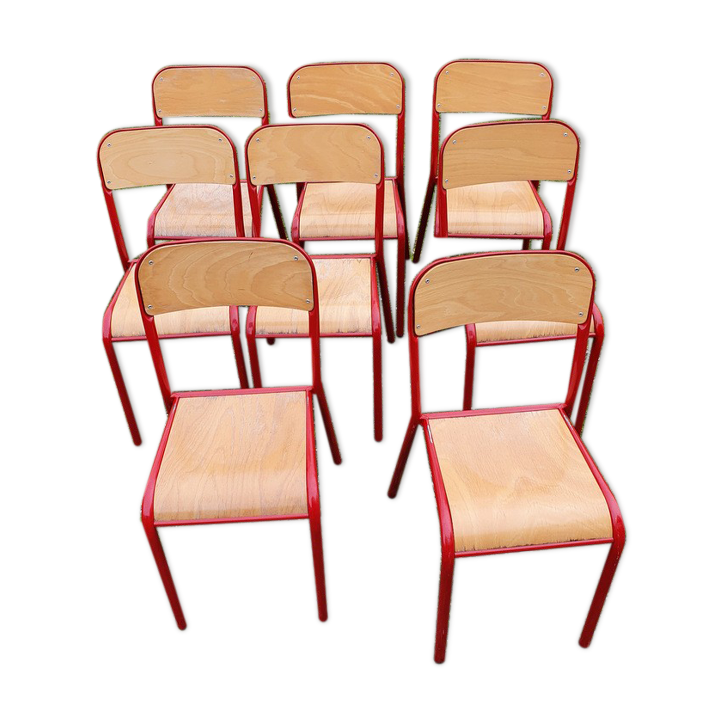 8 burgundy tube chairs with wooden seat