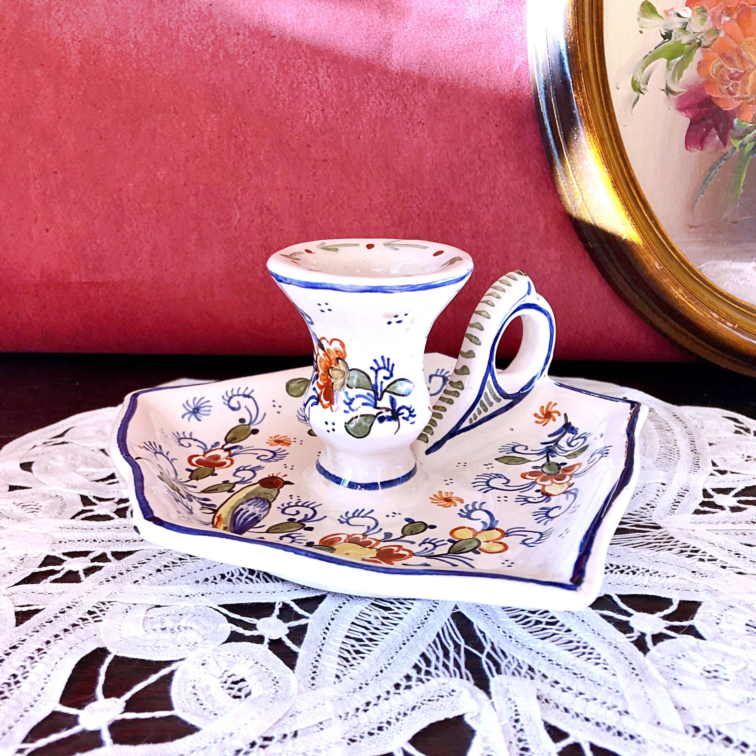 Handcrafted enameled ceramic candle holder signed vintage Rouen style decor