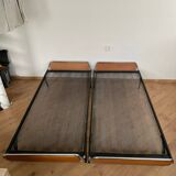 Pair of teak and chrome beds with mattress