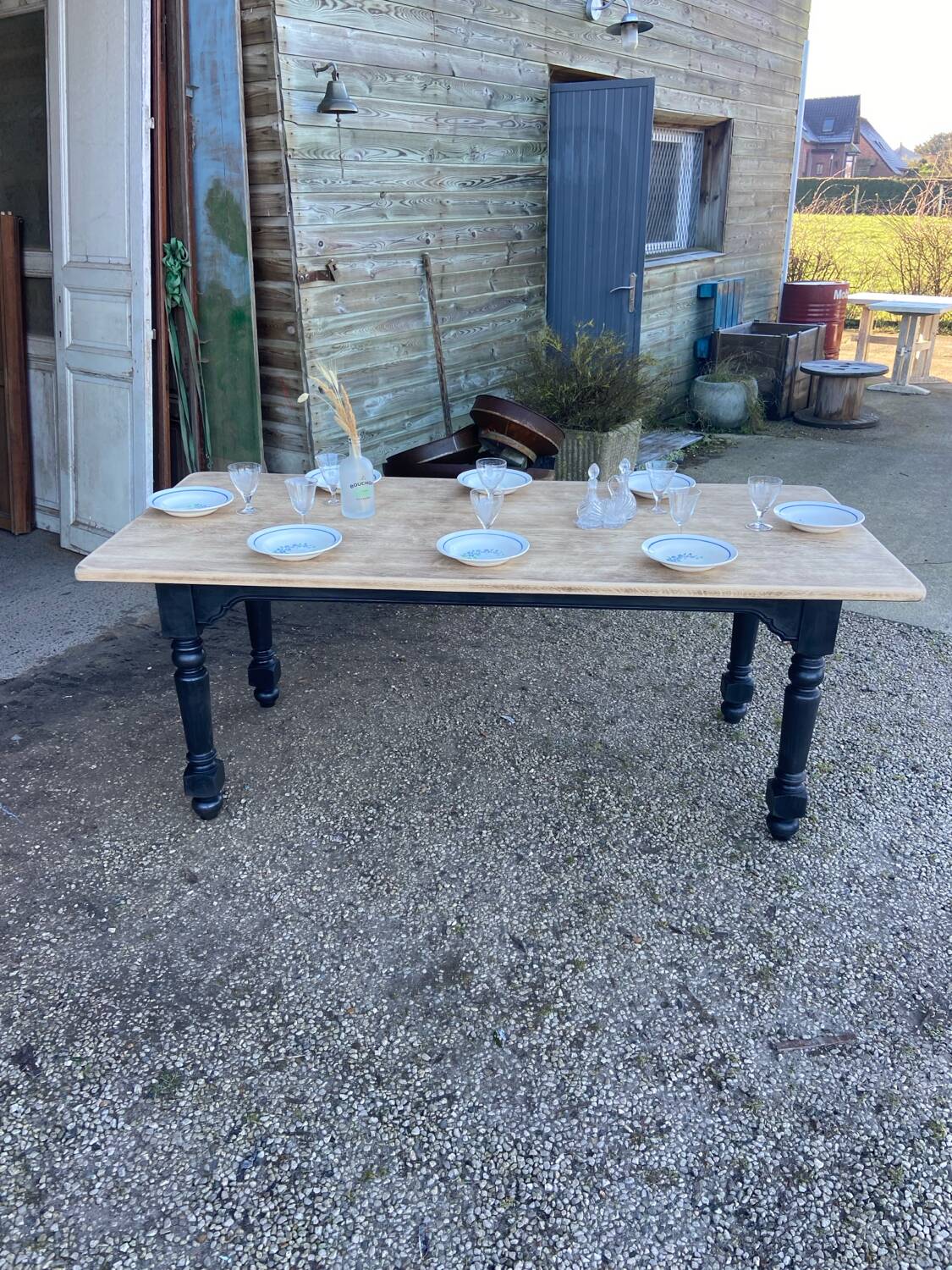 Wood and black farmhouse table