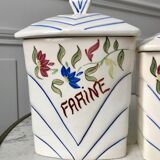 Trio of antique hand-painted ceramic pots (flour, sugar, coffee)