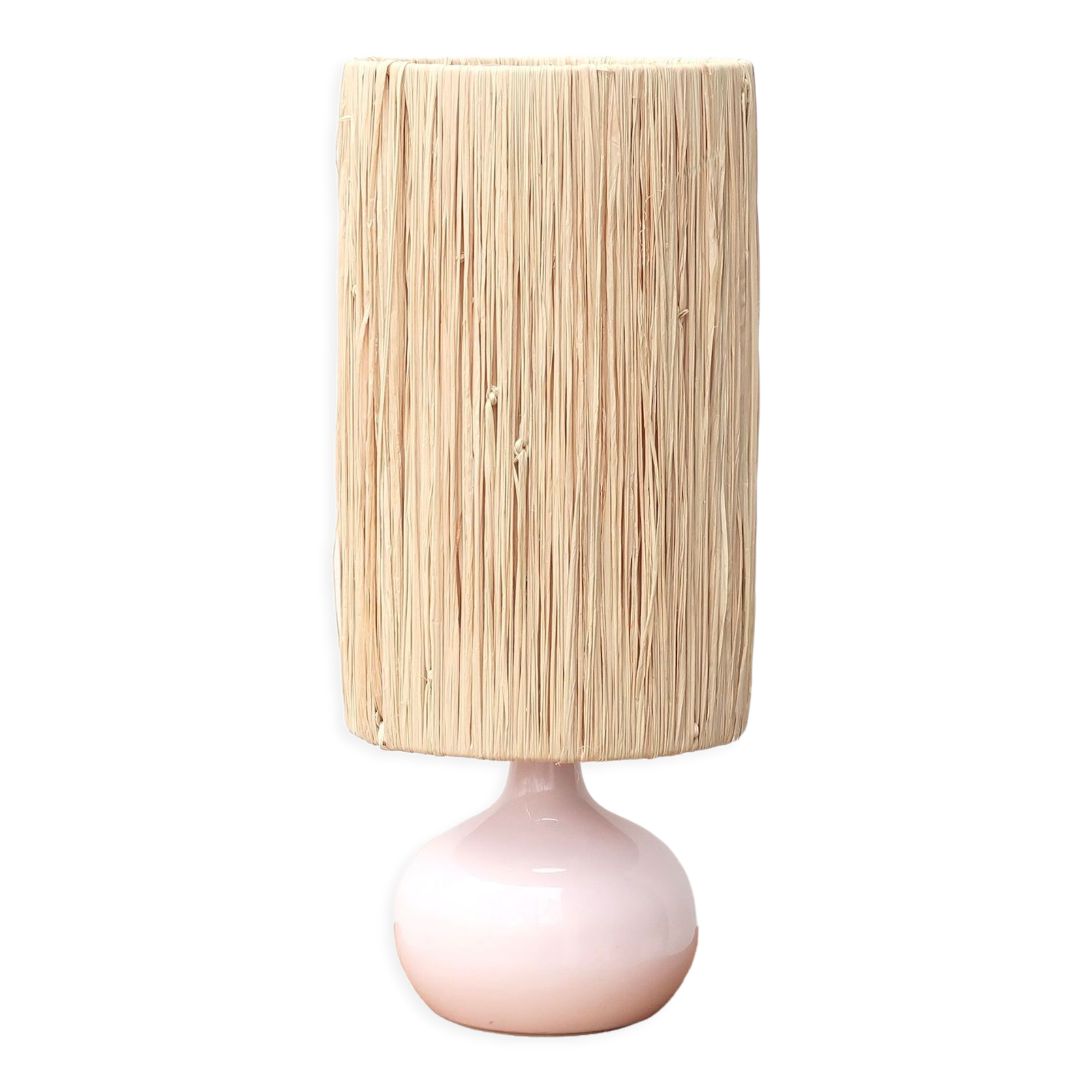 Pale pink ceramic lamp, raffia shade, 70s
