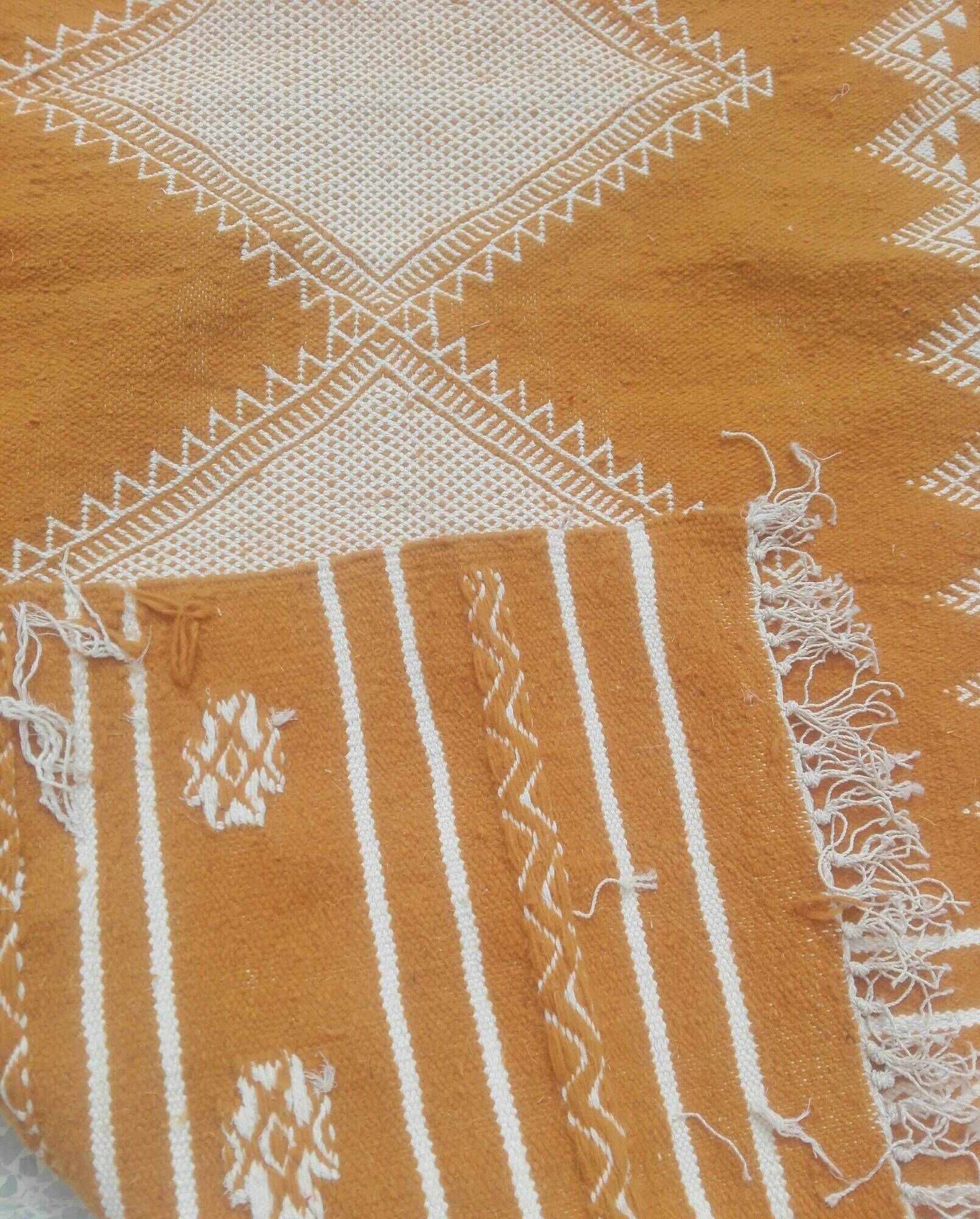 Pure wool handmade mustard and white Kilim rug 80x160cm