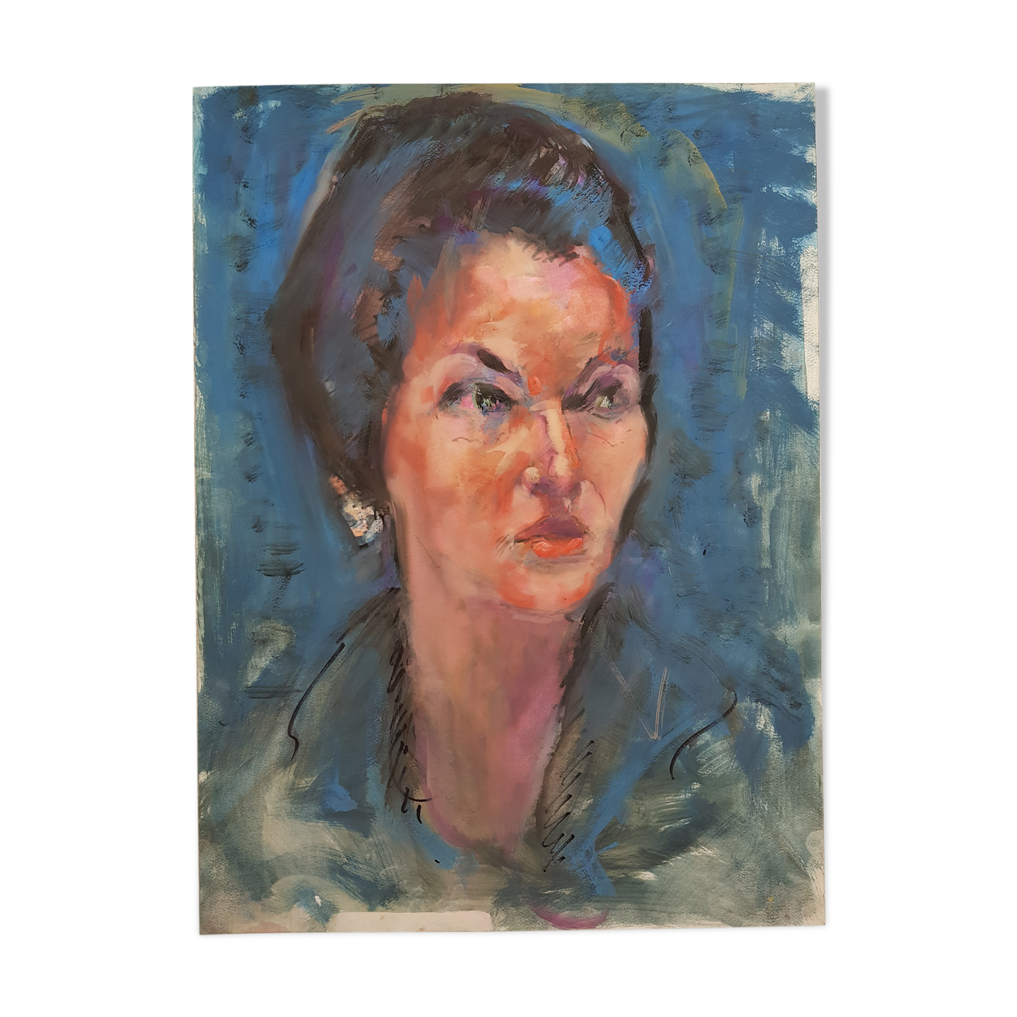 Portrait, original work by Jean Bernier studio, gouache, 1970