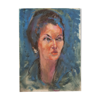 Portrait, original work by Jean Bernier studio, gouache, 1970